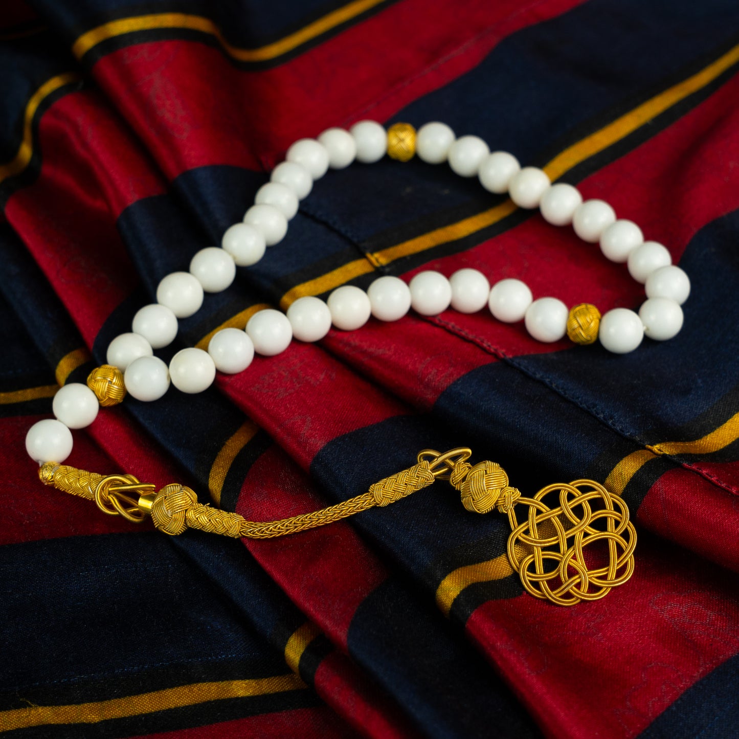 Gold Lunar Grace – Mother of Pearl Prayer Beads with Gold-Plated Silver Kazaz Tassel