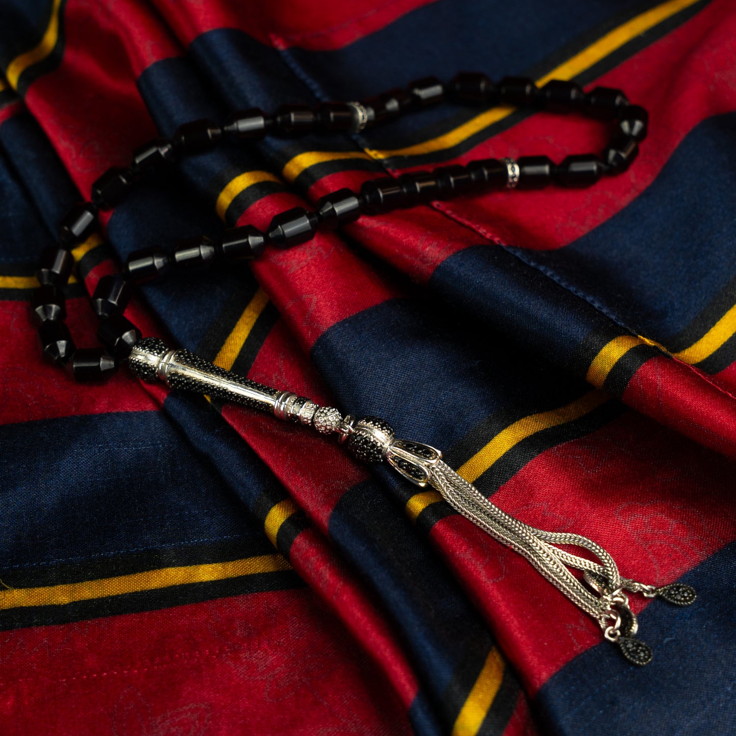Midnight Ember – Black Fire Amber Prayer Beads with Sterling Silver Fusion Tassel