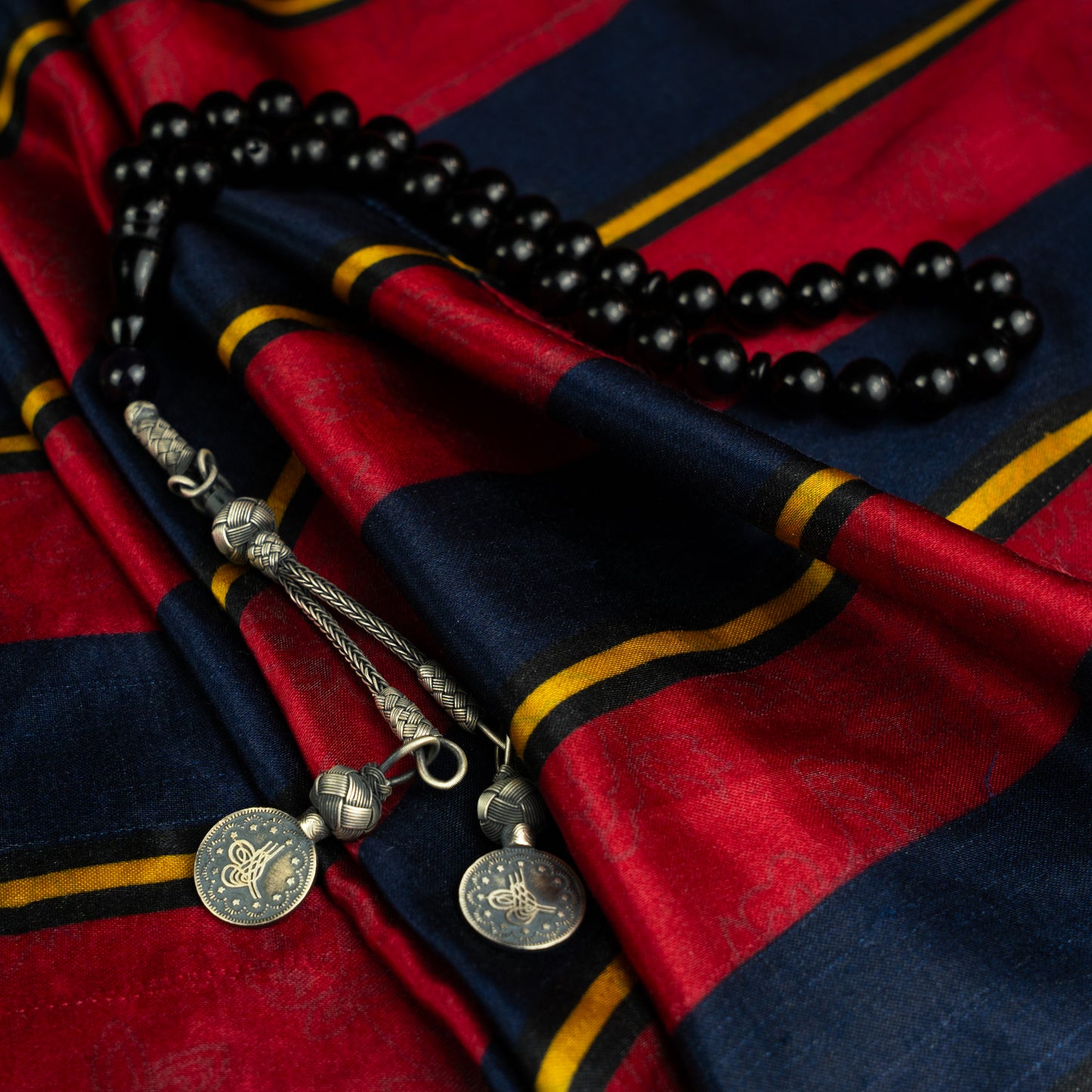 Black Sultan – Ottoman Coined Tasbih with Black Amber & Sterling Silver Tassel