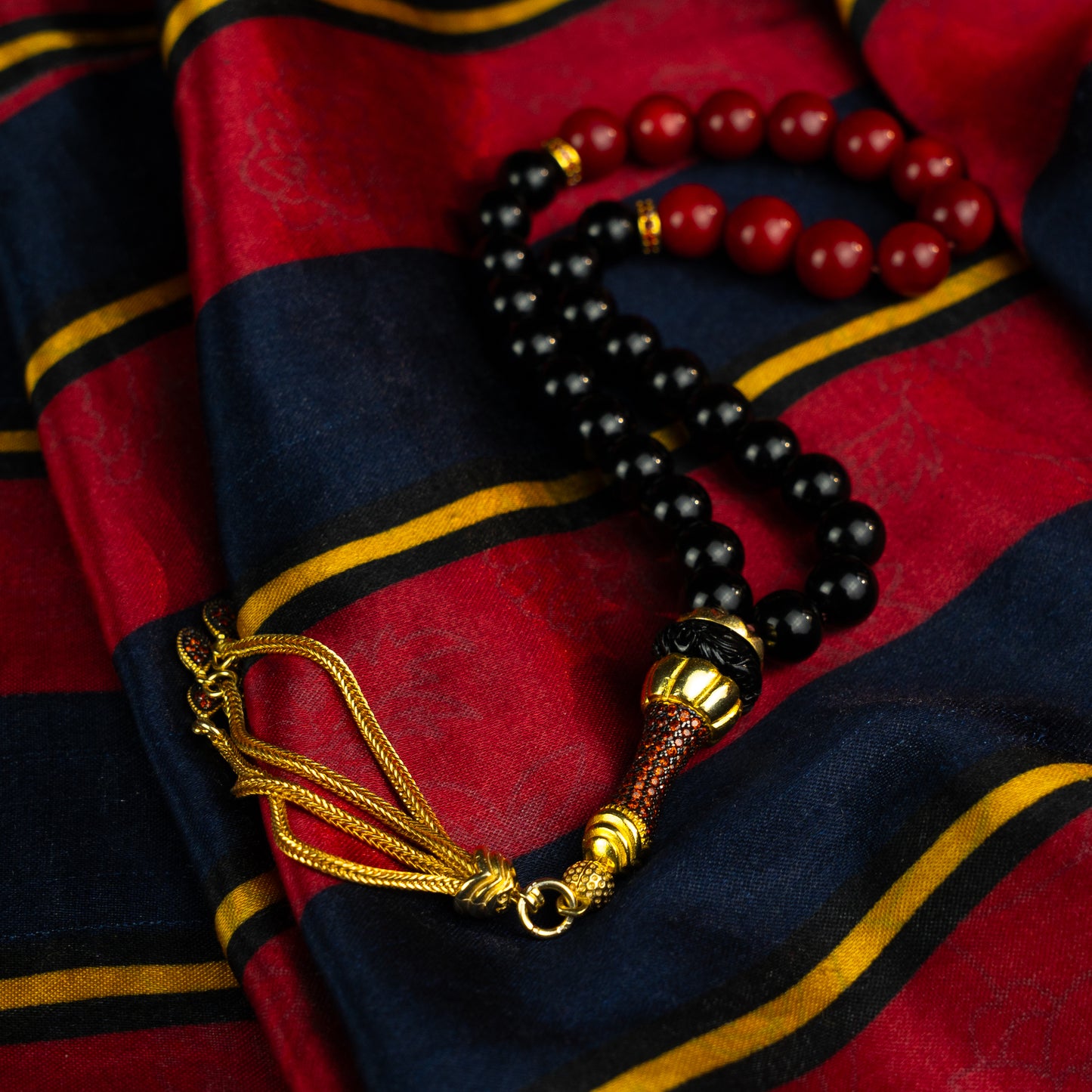 Sultan's Dual Elegance - Red Coral & Onyx Prayer Beads with Gold-Plated Silver Tassel