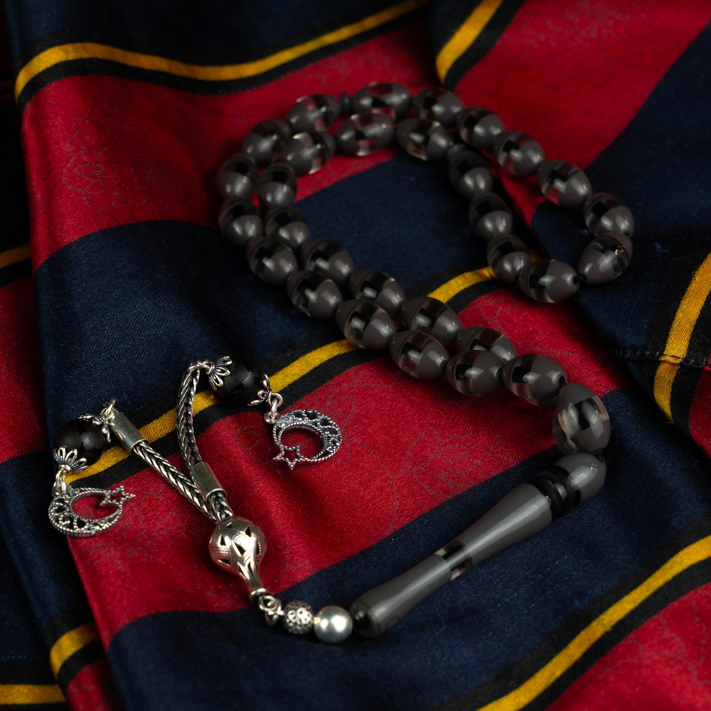 Midnight Crescent – Fire Amber Misbaha with Sterling Silver Tassel