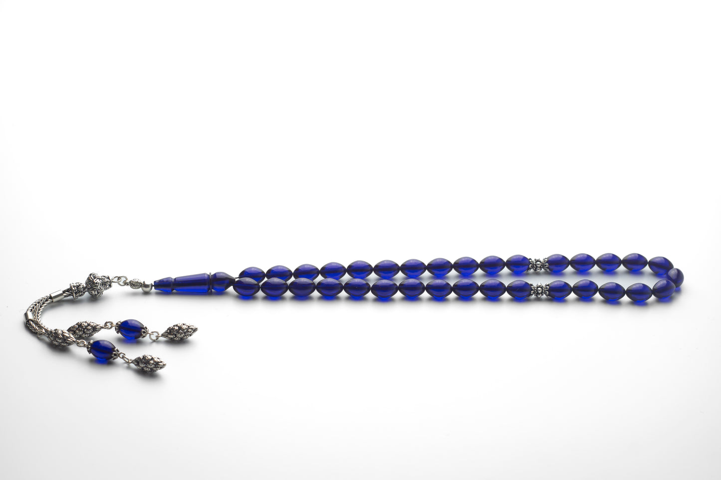 Midnight Flame – Blue Amber Tesbih with Sterling Silver Tassel