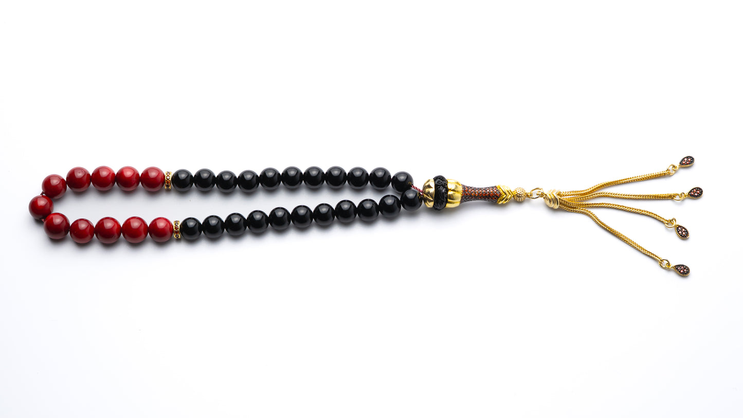 Sultan's Dual Elegance - Red Coral & Onyx Prayer Beads with Gold-Plated Silver Tassel