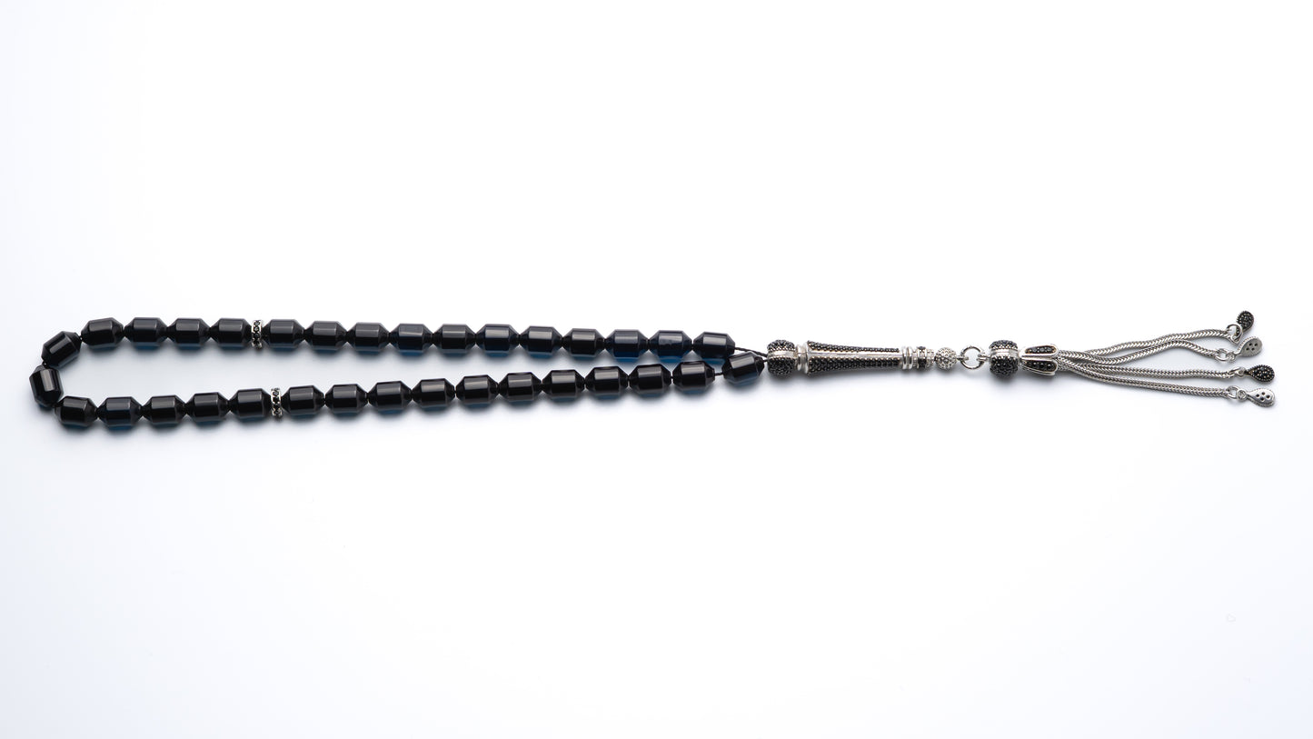 Midnight Ember – Black Fire Amber Prayer Beads with Sterling Silver Fusion Tassel