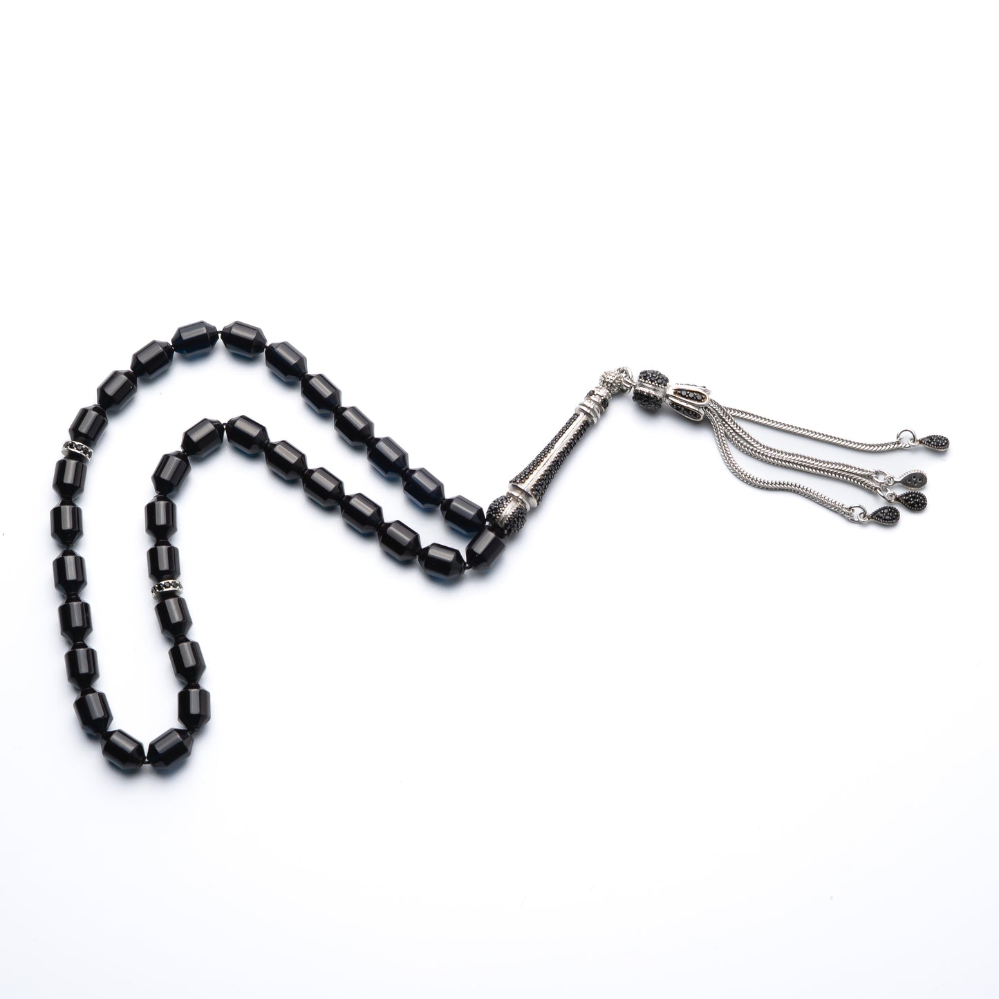 Midnight Ember – Black Fire Amber Prayer Beads with Sterling Silver Fusion Tassel