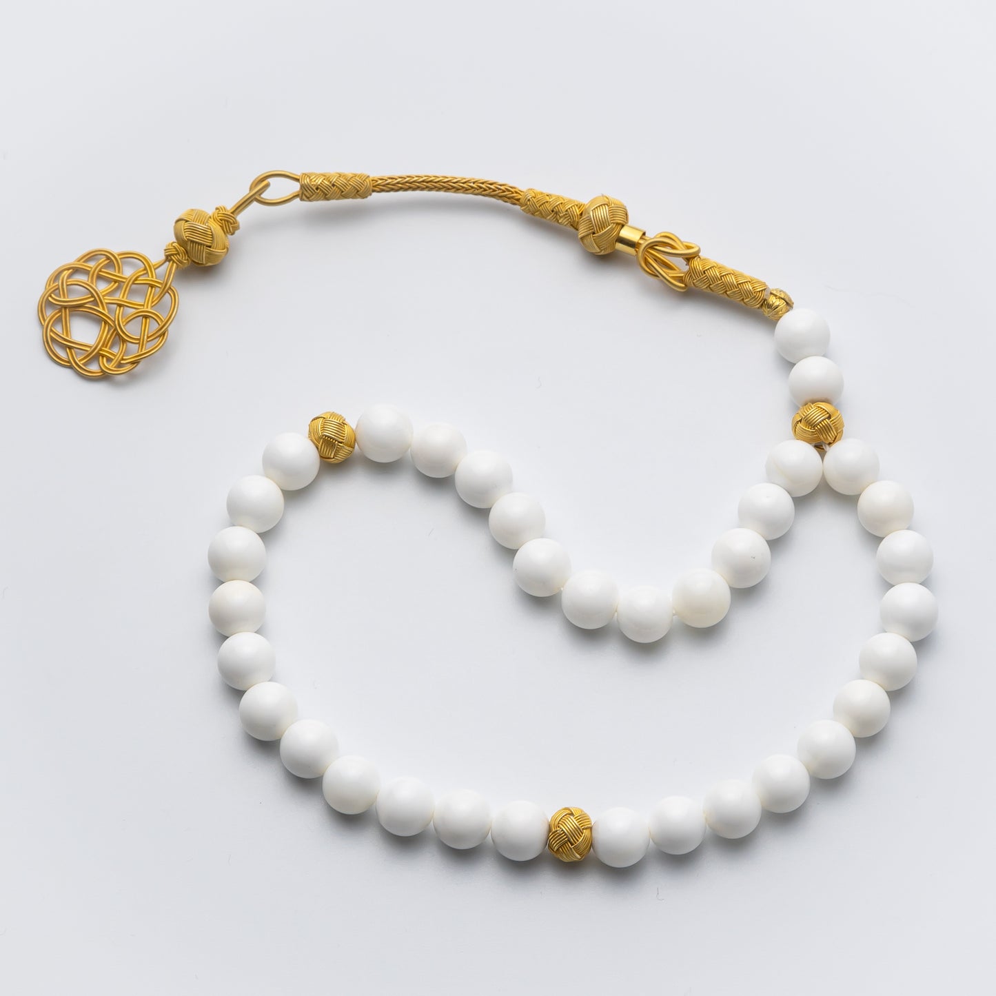 Gold Lunar Grace – Mother of Pearl Prayer Beads with Gold-Plated Silver Kazaz Tassel