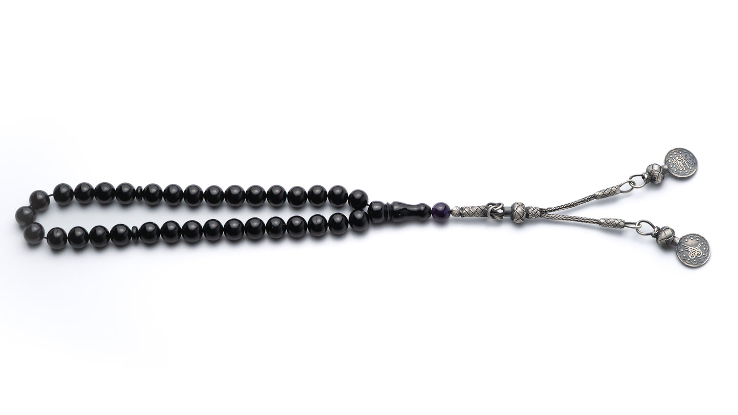Black Sultan – Ottoman Coined Tasbih with Black Amber & Sterling Silver Tassel