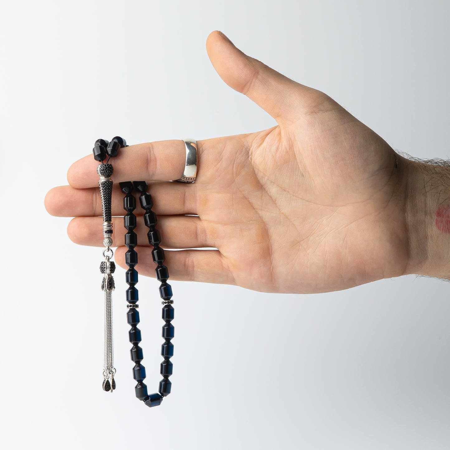 Midnight Ember – Black Fire Amber Prayer Beads with Sterling Silver Fusion Tassel