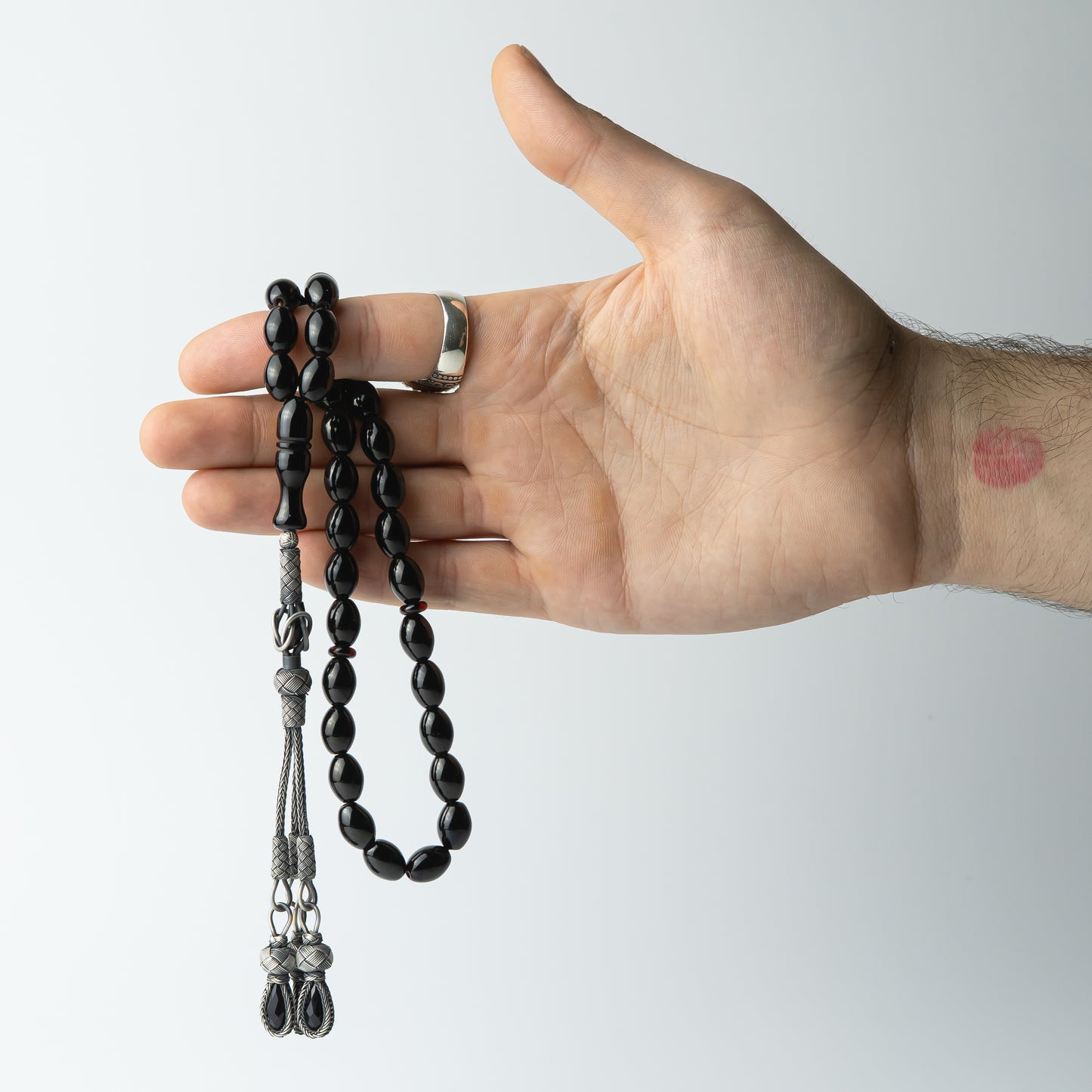 Midnight Capsule – Black Pressed Amber Prayer Beads with Sterling Silver Tassel