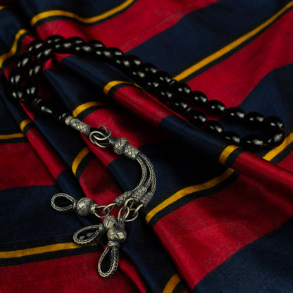 Midnight Capsule – Black Pressed Amber Prayer Beads with Sterling Silver Tassel