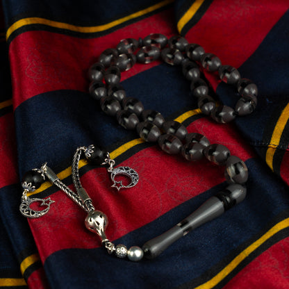 Midnight Crescent – Fire Amber Misbaha with Sterling Silver Tassel