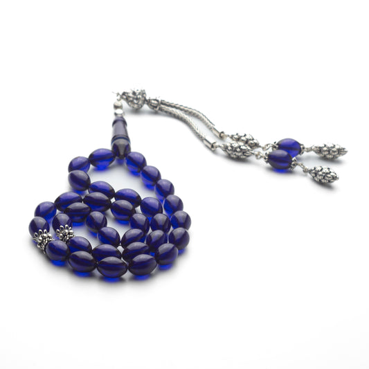 Midnight Flame – Blue Amber Tesbih with Sterling Silver Tassel