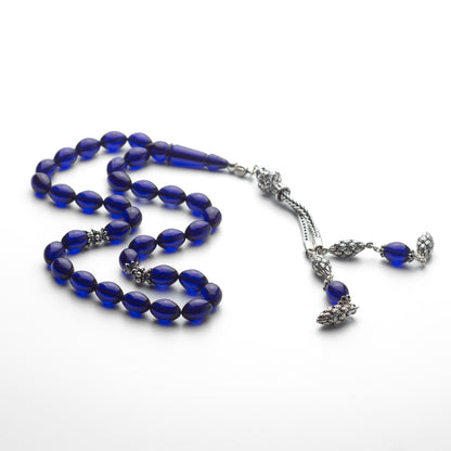 Midnight Flame – Blue Amber Tesbih with Sterling Silver Tassel