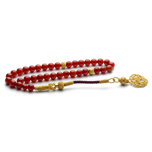 Crimson Legacy – Red Agate Tasbih with Gold-Plated 1000 Sterling Silver Kazaz Tassel