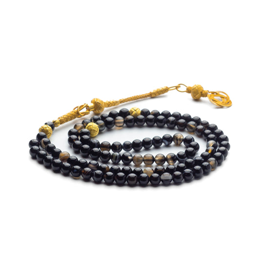 Nightfall Grace – 99-Bead Yemeni Agate Tasbih with Gold-Plated 1000 Sterling Silver Kazaz Tassel