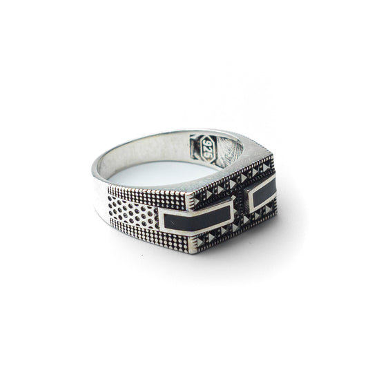Twin Sigil – Enamel & Baguette Sterling Silver Ring