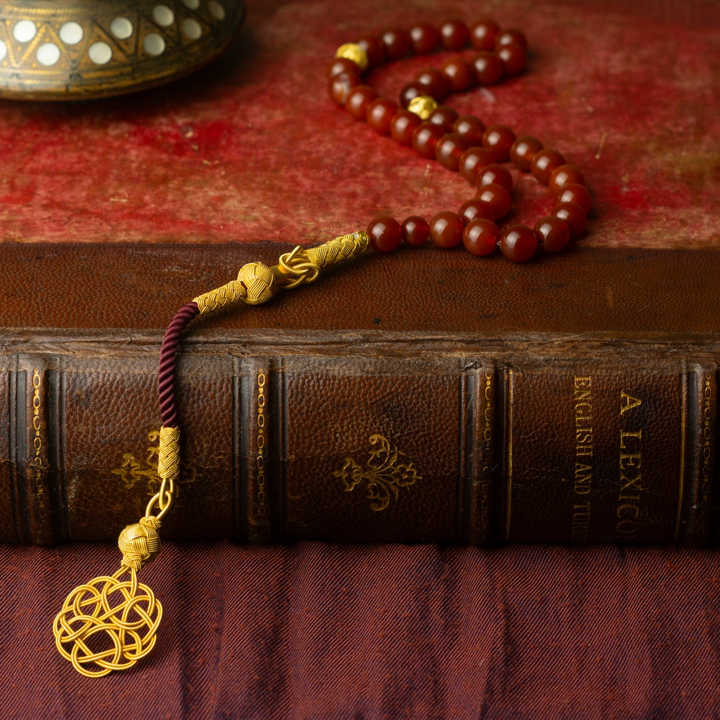 Crimson Legacy – Red Agate Tasbih with Gold-Plated 1000 Sterling Silver Kazaz Tassel