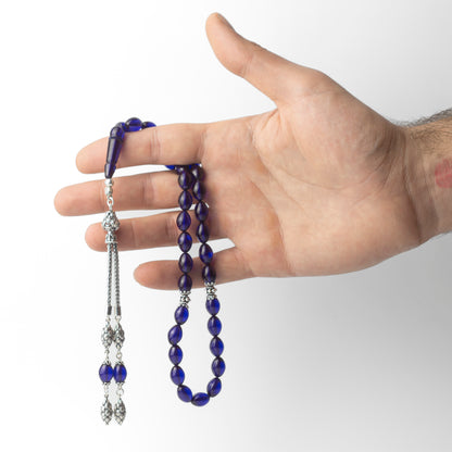 Midnight Flame – Blue Amber Tesbih with Sterling Silver Tassel