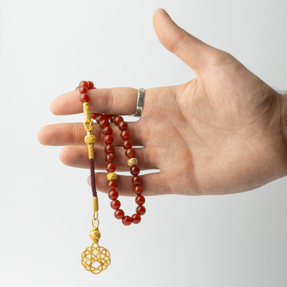 Crimson Legacy – Red Agate Tasbih with Gold-Plated 1000 Sterling Silver Kazaz Tassel