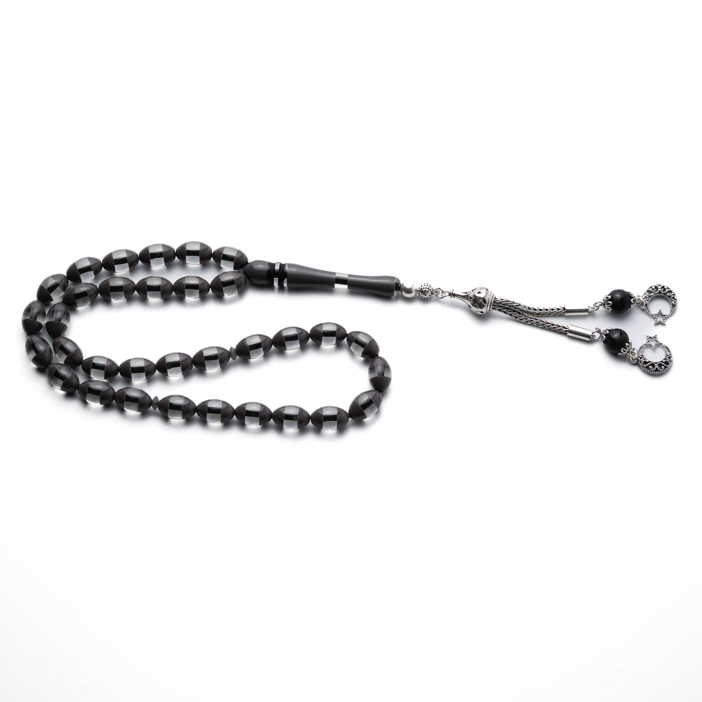 Midnight Crescent – Fire Amber Misbaha with Sterling Silver Tassel