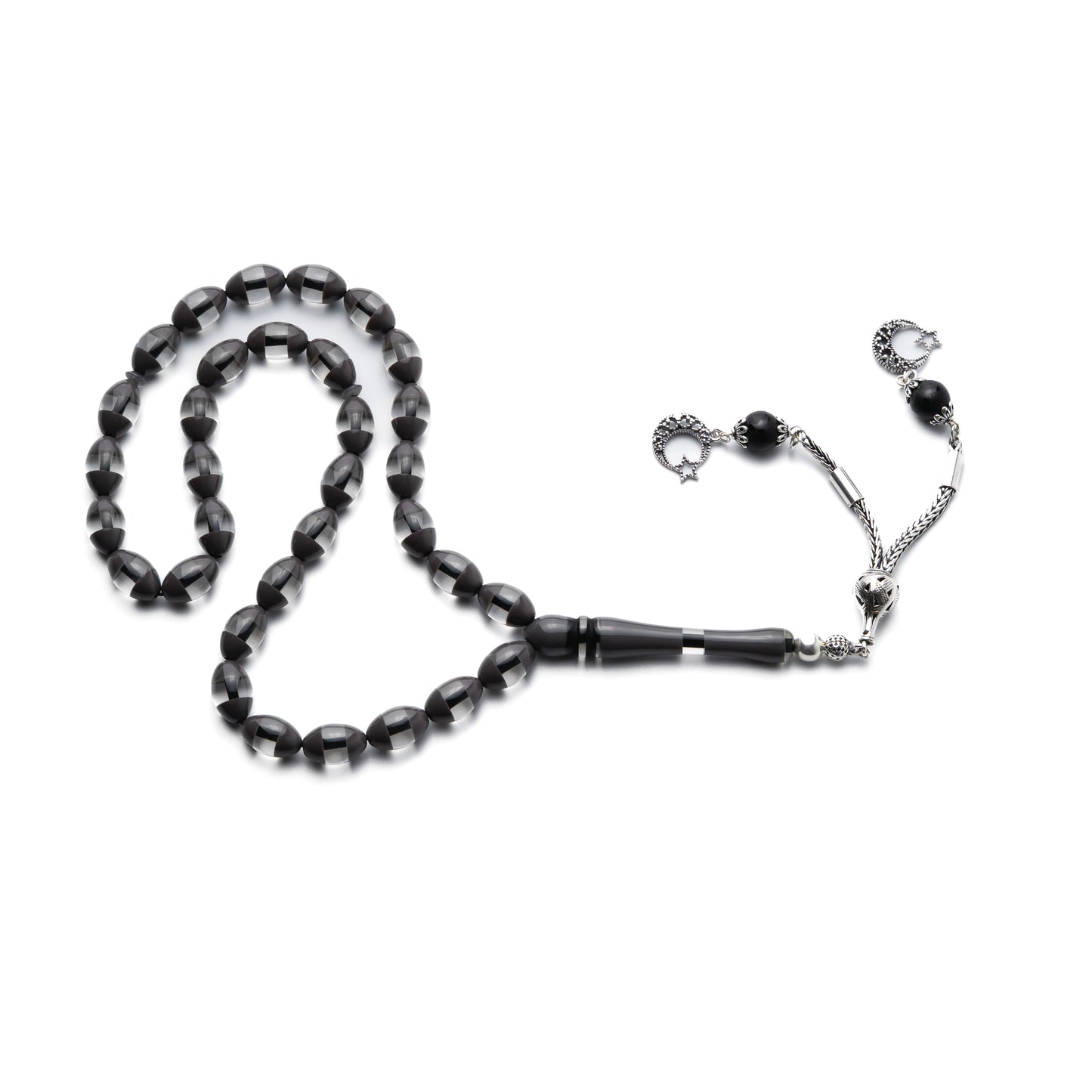 Midnight Crescent – Fire Amber Misbaha with Sterling Silver Tassel
