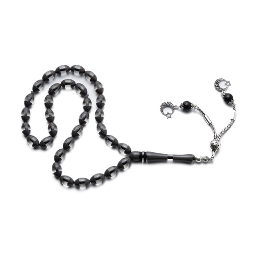 Midnight Crescent – Fire Amber Misbaha with Sterling Silver Tassel