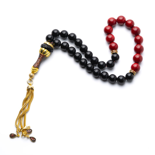 Sultan's Dual Elegance - Red Coral & Onyx Prayer Beads with Gold-Plated Silver Tassel