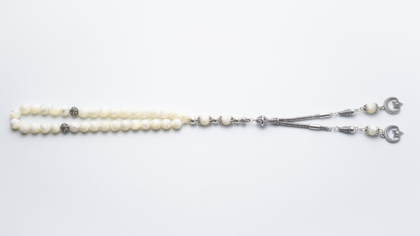 Lunar Grace – Mother of Pearl Tasbih with Sterling Silver Tassel