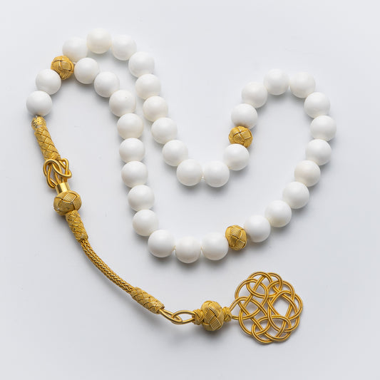 Gold Lunar Grace – Mother of Pearl Prayer Beads with Gold-Plated Silver Kazaz Tassel