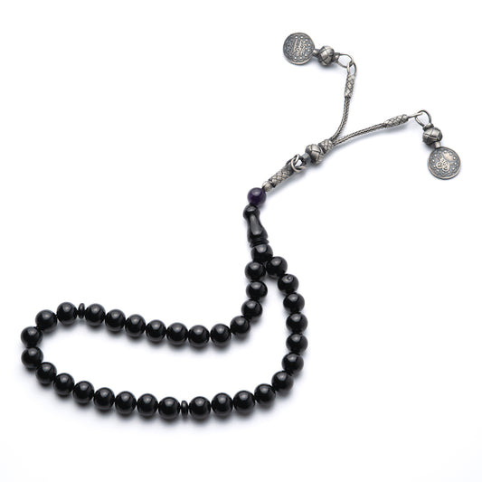 Black Sultan – Ottoman Coined Tasbih with Black Amber & Sterling Silver Tassel