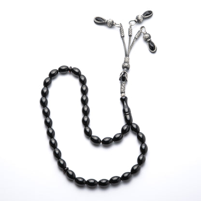 Midnight Capsule – Black Pressed Amber Prayer Beads with Sterling Silver Tassel