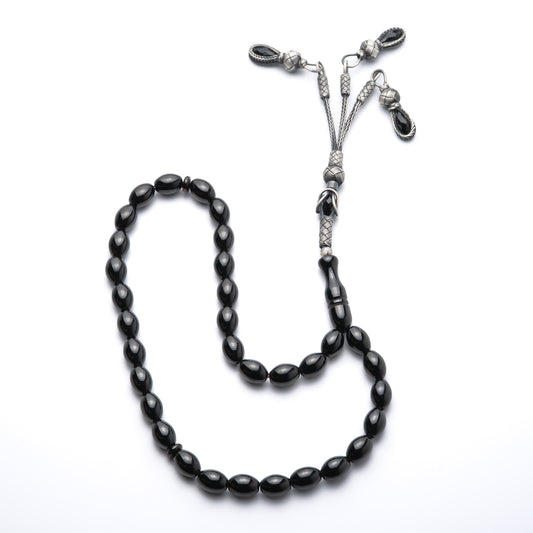 Midnight Capsule – Black Pressed Amber Prayer Beads with Sterling Silver Tassel
