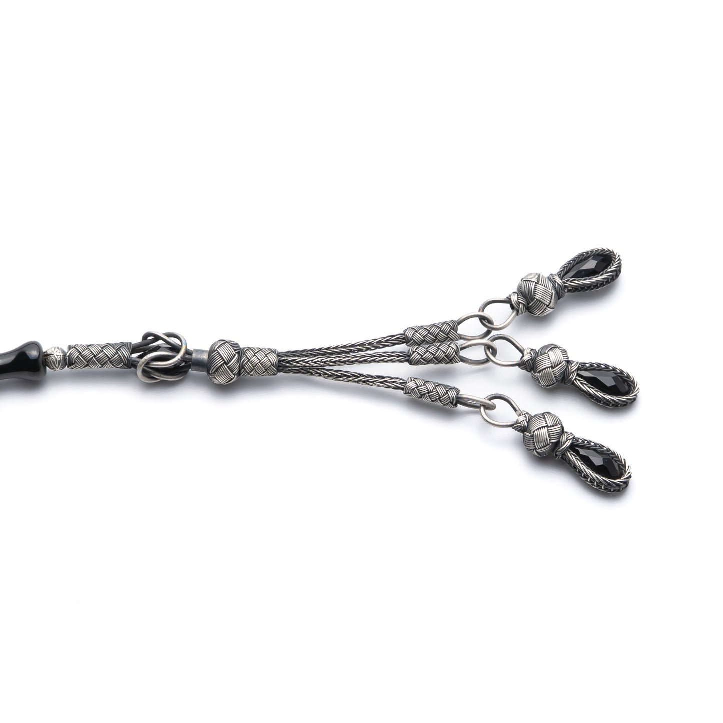 Midnight Capsule – Black Pressed Amber Prayer Beads with Sterling Silver Tassel