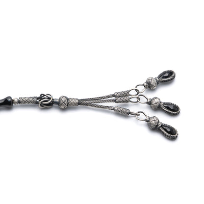 Midnight Capsule – Black Pressed Amber Prayer Beads with Sterling Silver Tassel