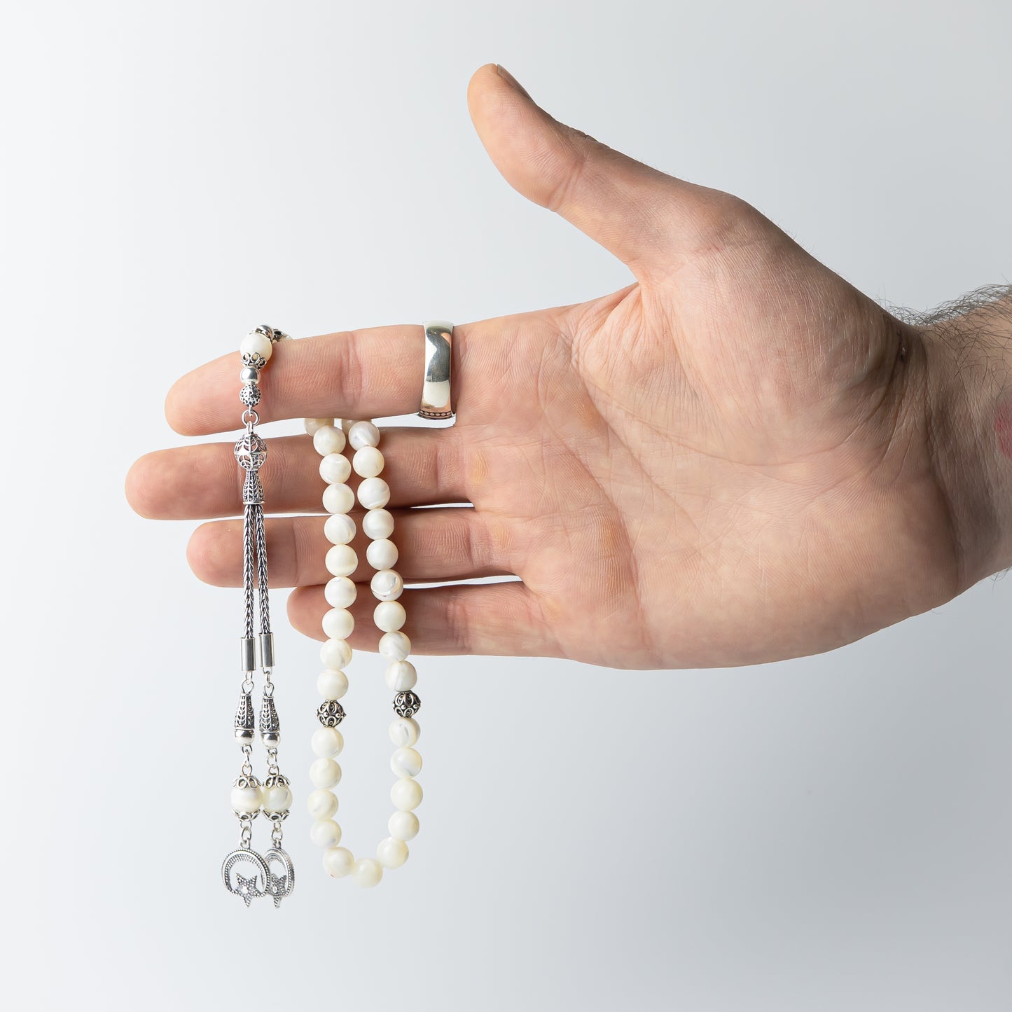 Lunar Grace – Mother of Pearl Tasbih with Sterling Silver Tassel