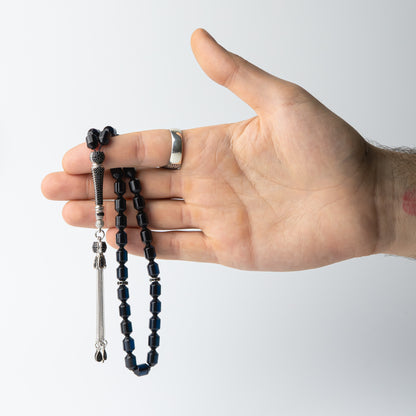 Midnight Ember – Black Fire Amber Prayer Beads with Sterling Silver Fusion Tassel