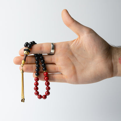 Sultan's Dual Elegance - Red Coral & Onyx Prayer Beads with Gold-Plated Silver Tassel