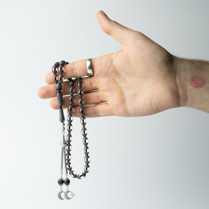 Midnight Crescent – Fire Amber Misbaha with Sterling Silver Tassel